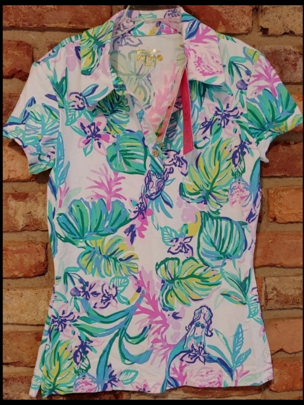 Lilly Pulitzer White Polo with Teal, Pink & Green Tropical Print
